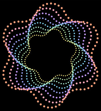 Vibrant vector rosette border featuring a soft pastel rainbow gradient halftone dot pattern on a solid black background. Swirling geometric design ideal for modern digital wallpaper.