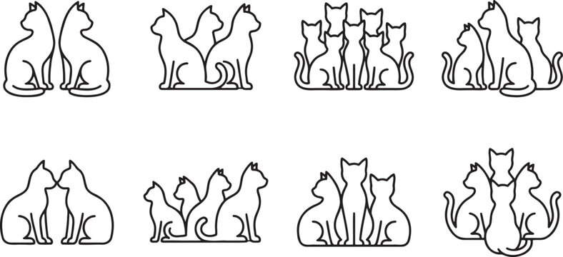 Groups of domestic cat friends sitting together in various poses