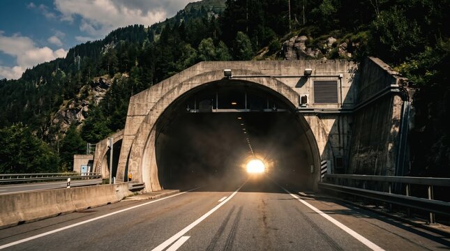 Road tunnel entrance with oncoming vehicle headlights illuminating concrete arch and wet asphalt in mountain pass