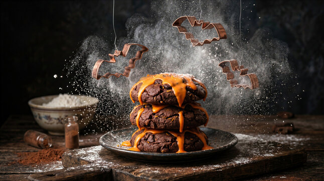 Stack of chocolate cookies with orange frosting drips and suspended bat cookie cutters with dusting of flour on a rustic dark background for Halloween baking