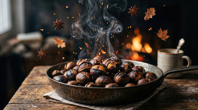 Roasted chestnuts in a rustic pan with steam, star anise, and falling autumn leaves by a cozy fireplace