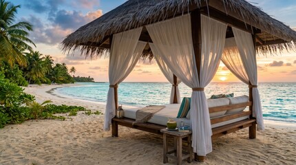 Fototapeta premium Beach cabana with white curtains and daybed positioned on sand near palm trees beside calm sea at sunset