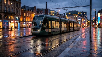 Obraz premium Modern tram approaching on wet city street at dusk with reflective rails and illuminated urban storefronts
