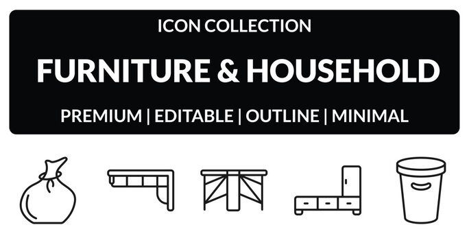 outline furniture & household icons set - garbage bags, corner sofa, stand, waste basket. editable vector for web and mobile ui
