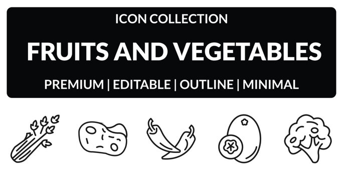 outline fruits and vegetables icons set - celery, potato, breast milk fruit, broccoli. editable vector for web and mobile ui