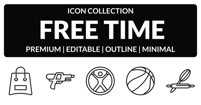 outline free time icons set - bags, water gun, sports, baking. editable vector for web and mobile ui