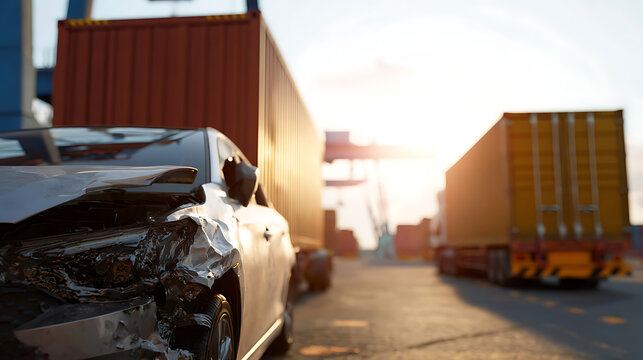 Front view of a heavily damaged silver car, with crumple zones visible, on a road at a commercial port area with large trucks and containers under bright sunlight