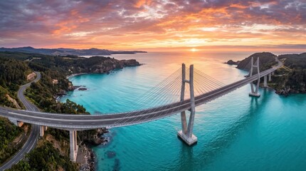 Obraz premium Cable stayed bridge spanning turquoise coastal waters connecting rocky headlands under colorful sunrise sky and distant islands