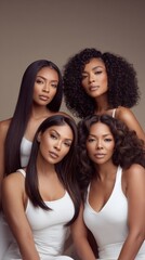 Obraz premium Four Black women showcasing diverse hairstyles and beauty in elegant poses.