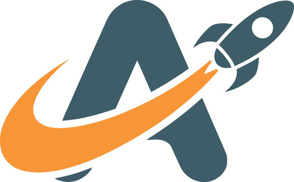 Rocket ship blasting off with Letter A orange flame graphic design element