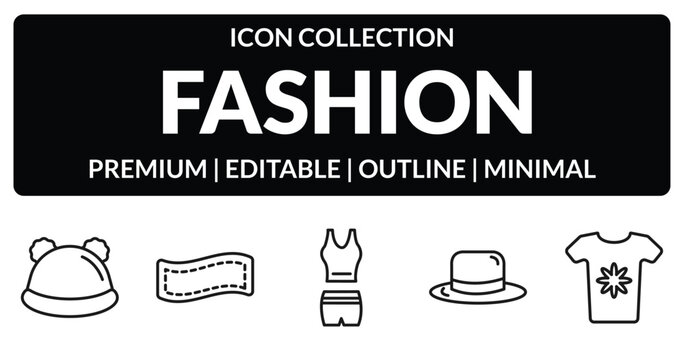 outline fashion icons set - knit hat, stitching, round hat, t shirt with flowers. editable vector for web and mobile ui