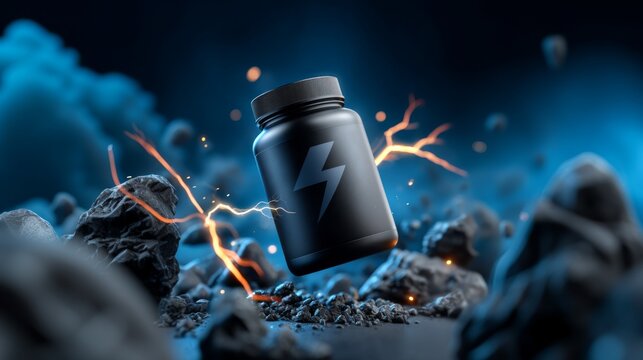 A dynamic black energy supplement bottle with lightning effects on a rocky background.