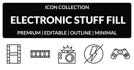 outline electronic stuff fill icons set - film roll, film strip, flash off, joypad. editable vector for web and mobile ui © IconArt