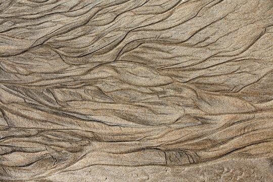 Natural sand texture background created by sea water waves. Full frame macro background texture of wet brown beach sand with organic flowing patterns formed by receding ocean waves