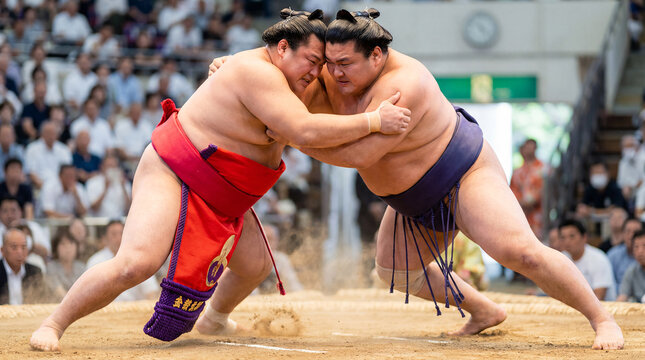 Sumo wrestlers engaging in battle during tournament in japan