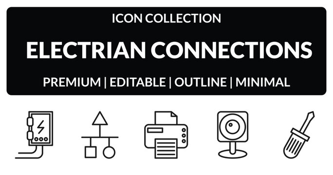 outline electrian connections icons set - fuse box, scheme, web camera, screwdriver. editable vector for web and mobile ui