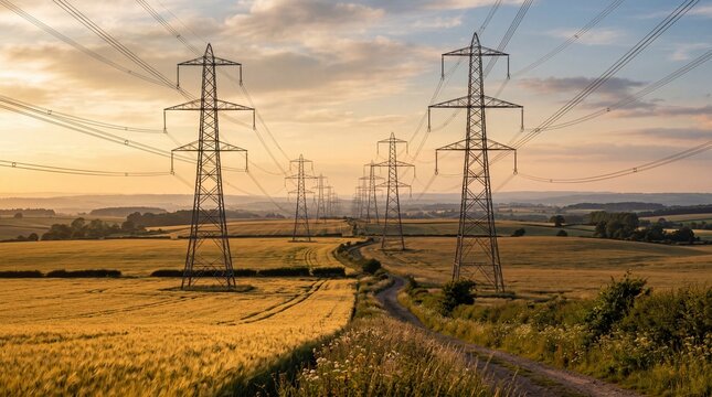 Electric pylons in rural field during golden hour. Overhead power lines transmitting energy across countryside. Infrastructure for electricity supply and industrial landscape concept.