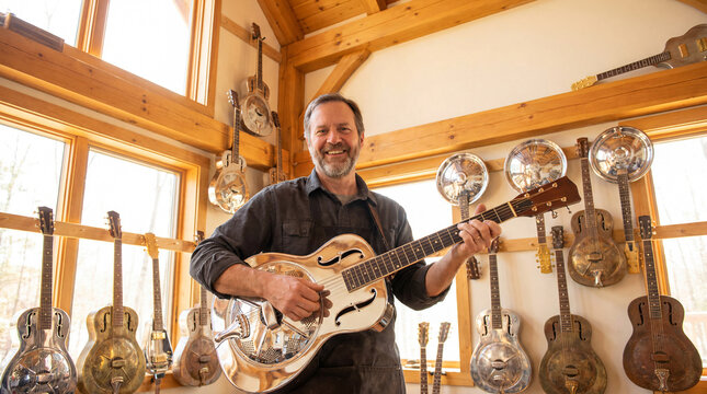 Musician playing resonator guitar in home studio workshop