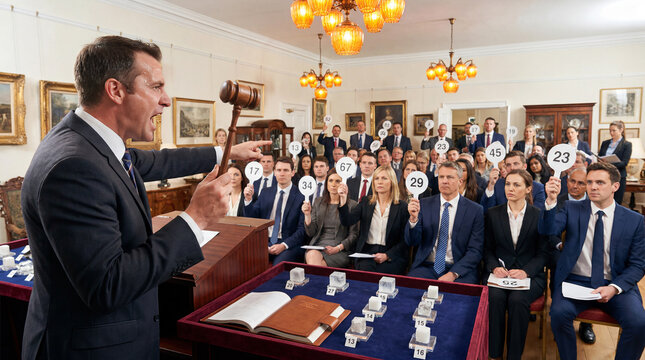 Auctioneer holding gavel calling for bids from audience