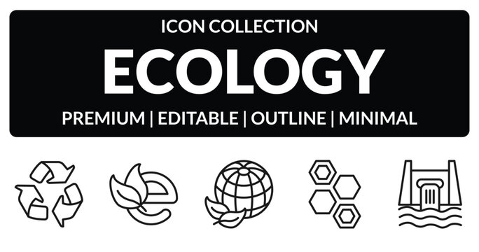 outline ecology icons set - recycle, eco e, eco power cells, hydro power. editable vector for web and mobile ui