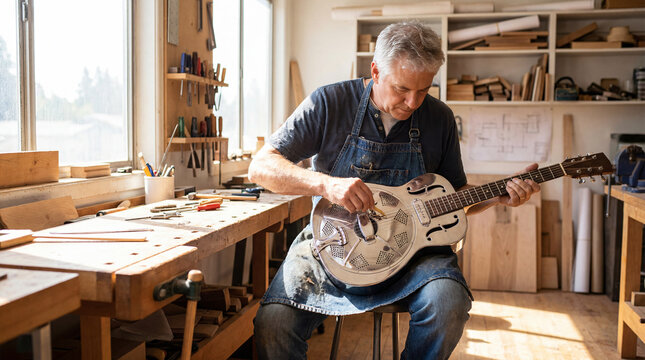 Luthier crafting resonator guitar in workshop