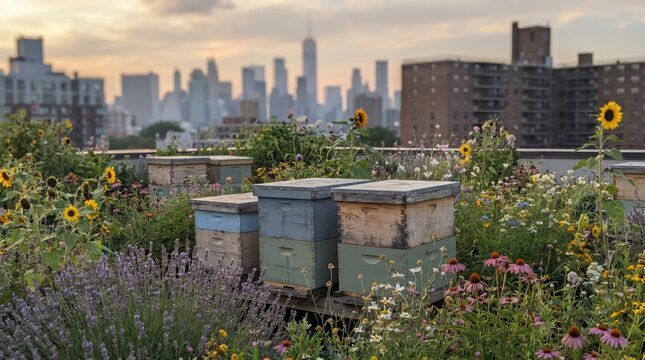 Rooftop beehives surrounded by wildflower garden on apartment building roof with urban skyline in soft evening sunset light