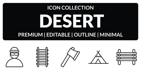 outline desert icons set - bandit, train rails, wigwam, paddock. editable vector for web and mobile ui © IconArt