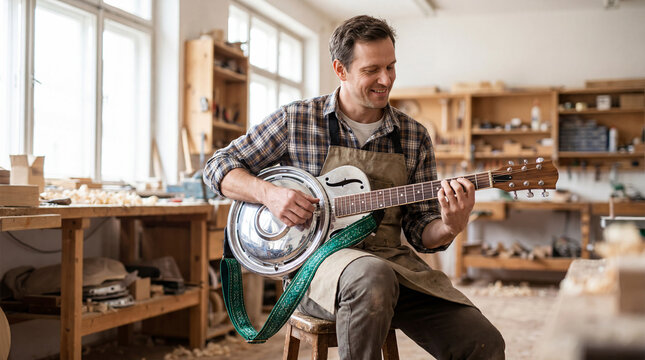Artisan playing handcrafted resonator guitar in workshop