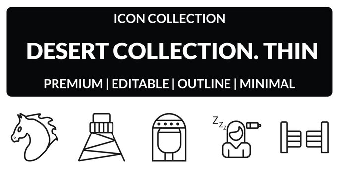 outline desert collection. thin icons set - horse, cowboy tower, fatigue, saloon. editable vector for web and mobile ui