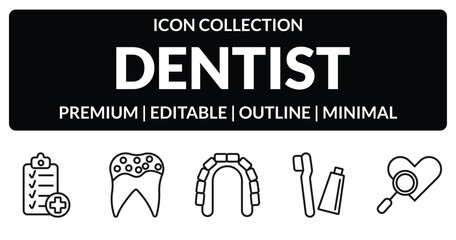 outline dentist icons set - health report, holed tooth, toothbrushes, check up. editable vector for web and mobile ui © IconArt