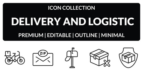 outline delivery and logistic icons set - delivery by bike, zip code, delivery cancelled, shield. editable vector for web and mobile ui © IconArt