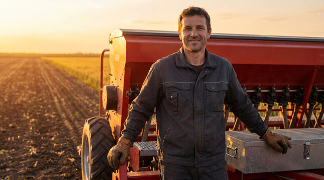Farmer standing proudly next to seeding machine in field