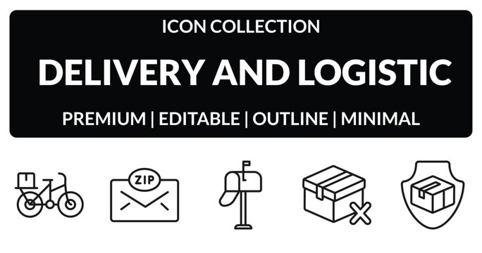 outline delivery and logistic icons set - delivery by bike, zip code, delivery cancelled, shield. editable vector for web and mobile ui