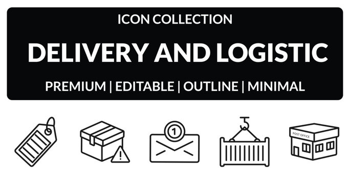 outline delivery and logistic icons set - tag, delivery delay, container hanging, post office. editable vector for web and mobile ui