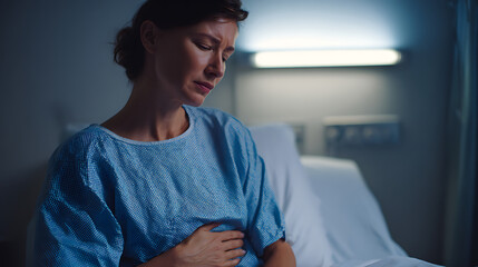 Fototapeta premium Woman suffer abdominal pain, illness, or medical discomfort in hospital gown. Patient feels sick, holds stomach, grimace in dark room