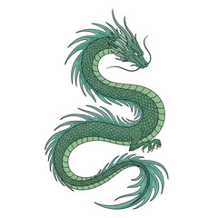 Obraz premium Detailed green dragon illustration featuring a long winding serpentine body