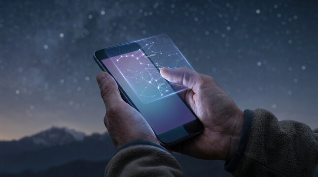 Hands holding smartphone displaying augmented reality constellation map against starry night sky