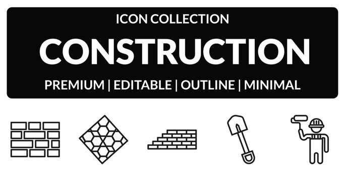 outline construction icons set - birck wall, paving, short shovel, man painting. editable vector for web and mobile ui