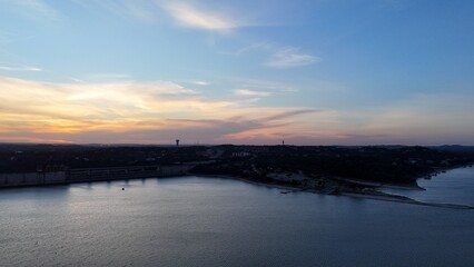 Fototapeta premium Texas Hill Country aerial drone views with lake and sunsets