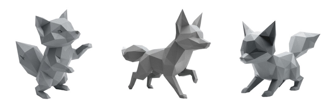Set and collection of abstract low poly geometric grey wolf predator wildlife character modern digital art isolated on white transparent png background.
