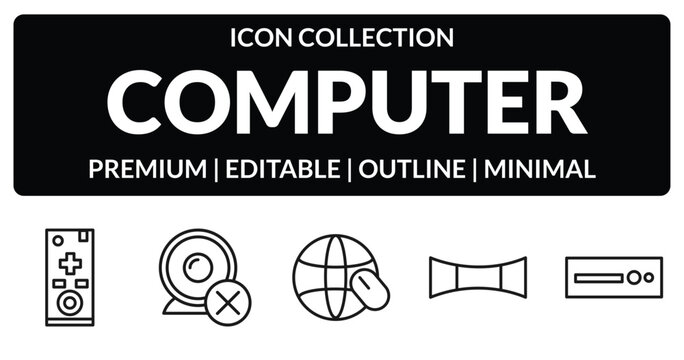 outline computer icons set - tv controller, webcam disconnected, 3d screen, dvd drive. editable vector for web and mobile ui