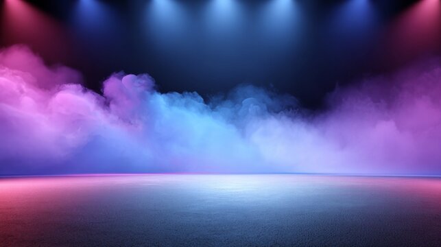 A vibrant stage with colorful fog and dramatic lighting effects.