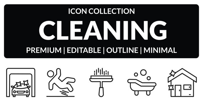 outline cleaning icons set - clean cars, slippery, bathtub cleaning, house cleanin. editable vector for web and mobile ui