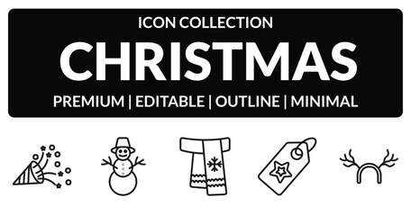 outline christmas icons set - birthday and party, happy snowman, gift tag, reindeer antlers. editable vector for web and mobile ui © IconArt