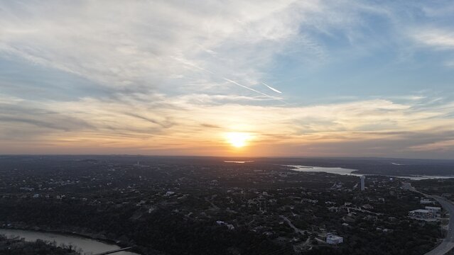 Hazy sunset overlooking the Texas hills and lakes