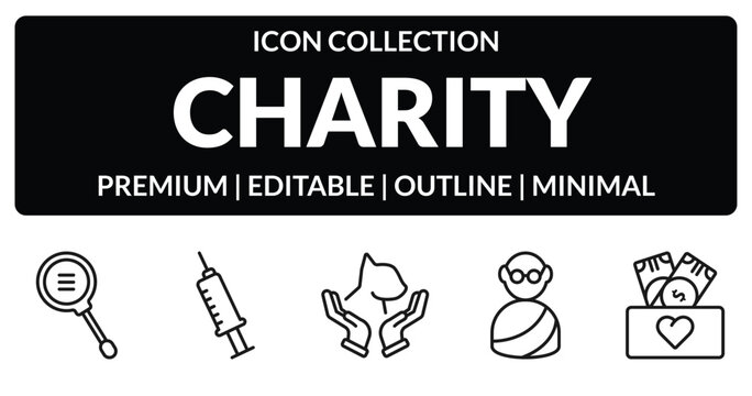 outline charity icons set - research, vaccine, , cash box. editable vector for web and mobile ui