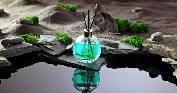 Intense fragrance diffuser on a lunar landscape with small pond.