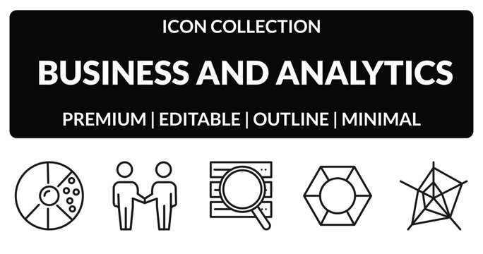 outline business and analytics icons set - round value chart, partnership, polygonal chart, radar chart. editable vector for web and mobile ui