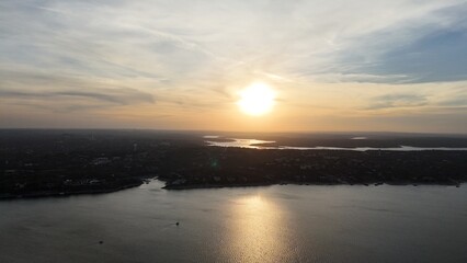 Fototapeta premium Texas Hill Country aerial drone views with lake and sunsets