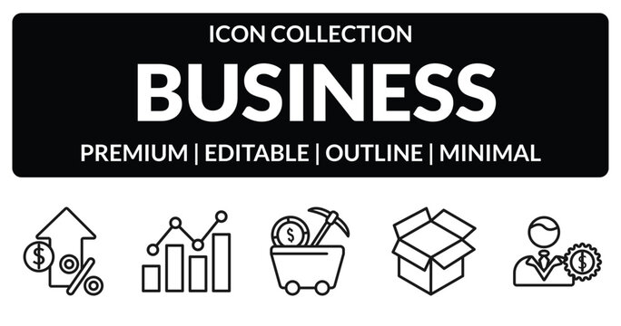 outline business icons set - increase rate, growing bar graph, empty box, man with money gears. editable vector for web and mobile ui